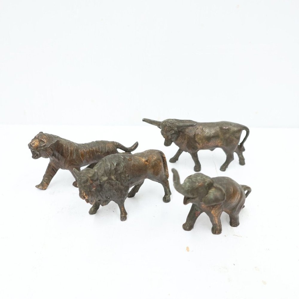 Vtg Bronze Mini Figurine Set of Four Marked Japan Bull Bison Tiger Elephant